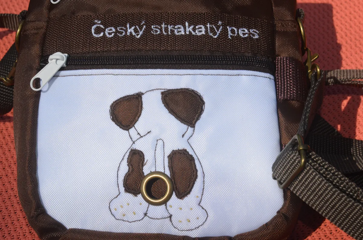 Výšivka a aplikace českého strakatého psa na taštičce